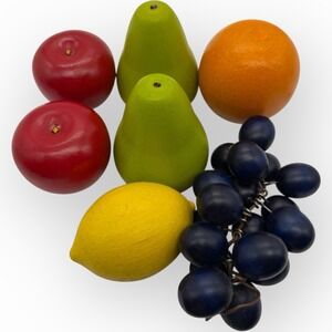 Vintage MCM Wooden Painted Fruit - 7 PIECES - Lemon Pear Grapes Apples Orange